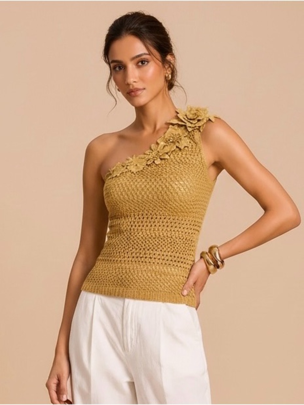 Commense One Shoulder 3D Flower Crochet Top